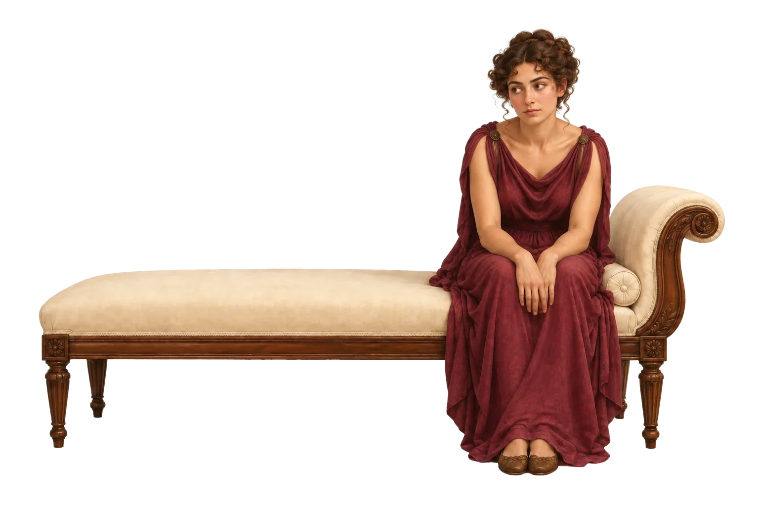 A woman on a chaise, mildly concerned