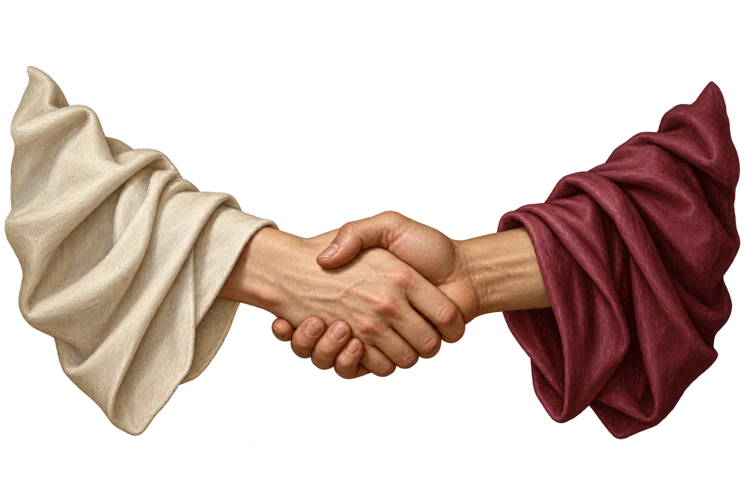 A handshake between an ivory and a burgundy sleeve