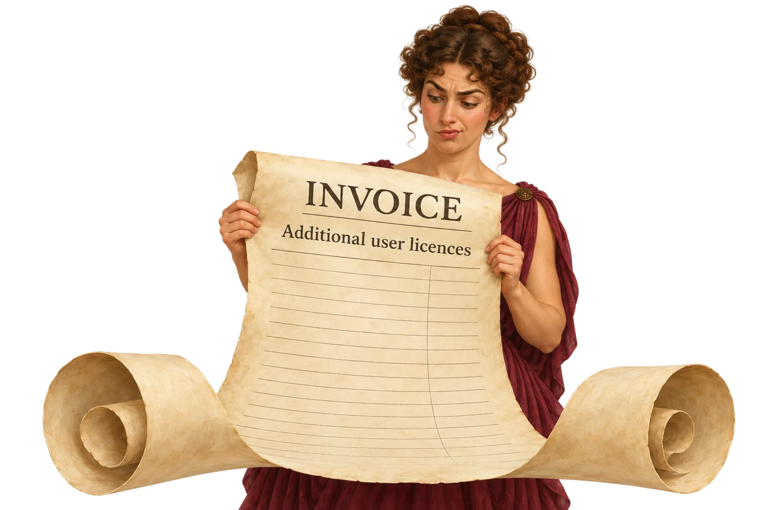 A woman reading an invoice, unimpressed