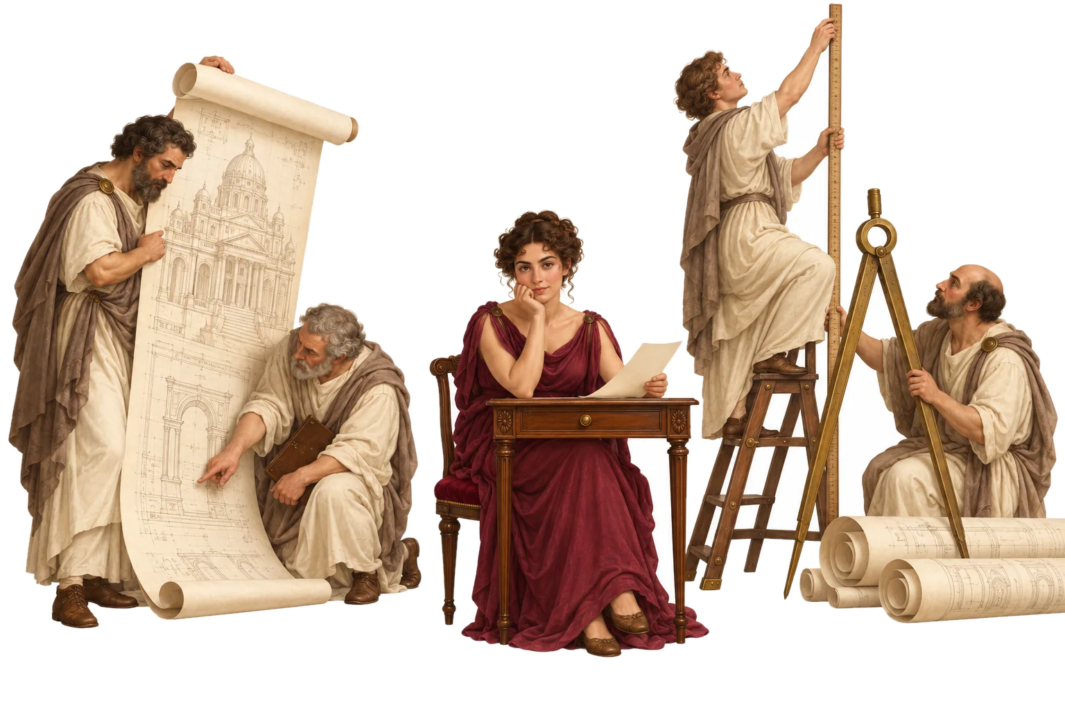 A team of consultants with plans, a ladder and drafting instruments