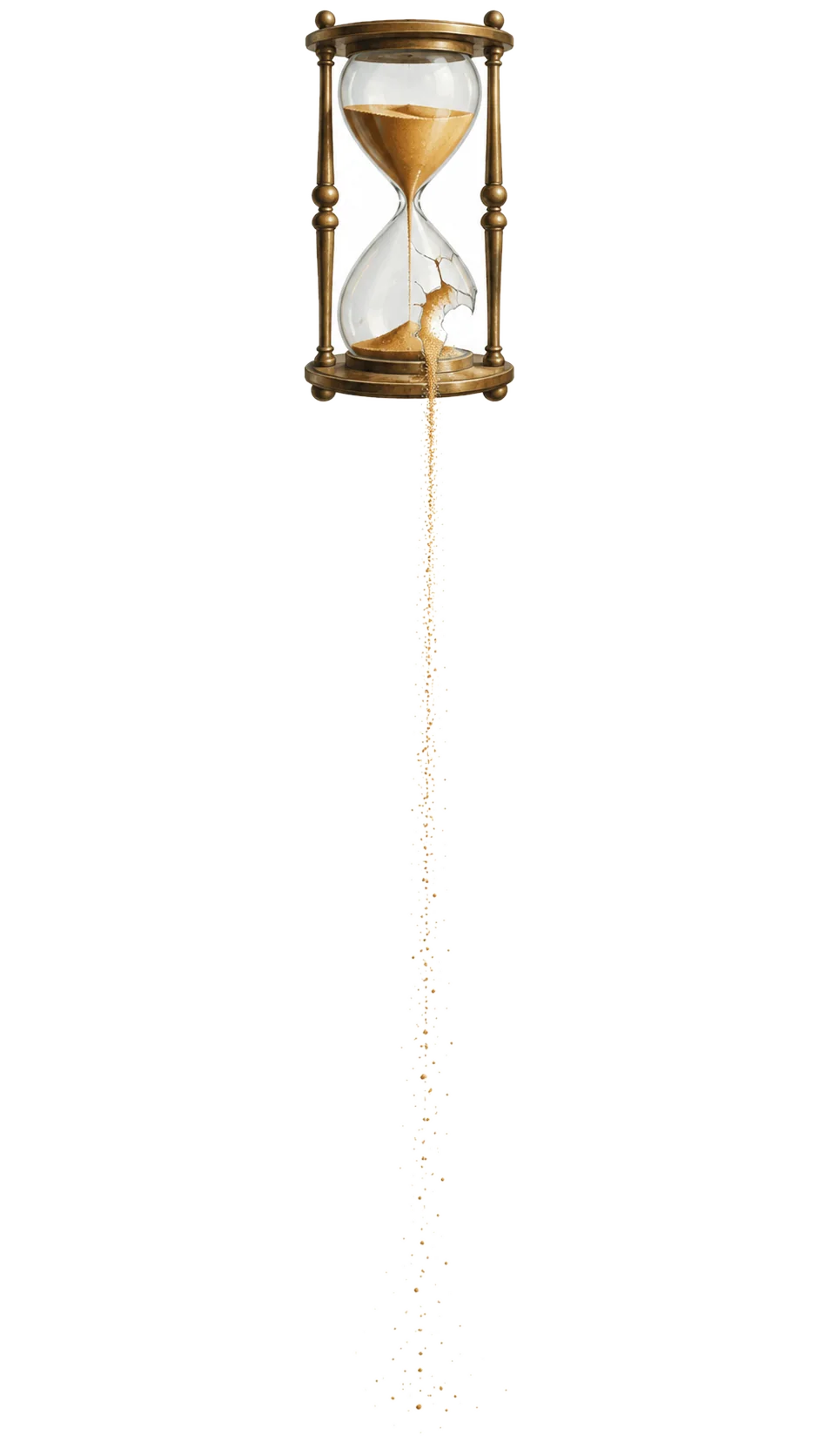 A broken hourglass, the sand escaping