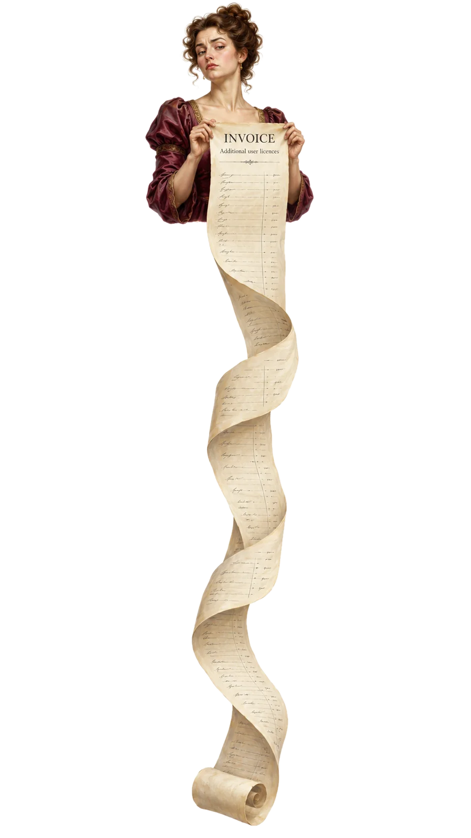 A woman holding an invoice that unrolls far past her feet
